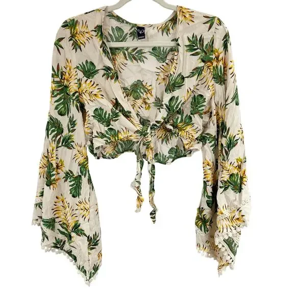 Windsor L Tropical Floral Palm Tree Tie Up Front Long Flare Sleeve Crop Top - Picture 2 of 7